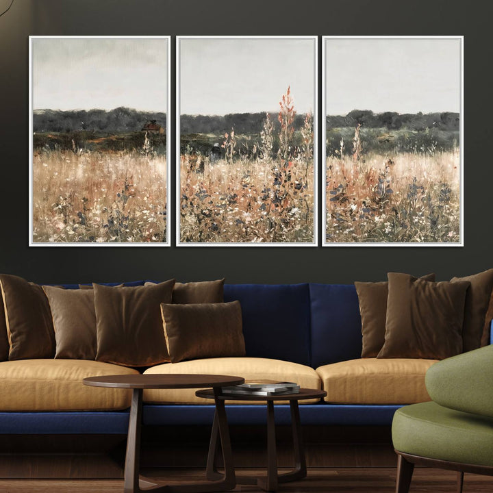 A dining room featuring the Abstract Wildflower Art Field Landscape Oil Painting Print.