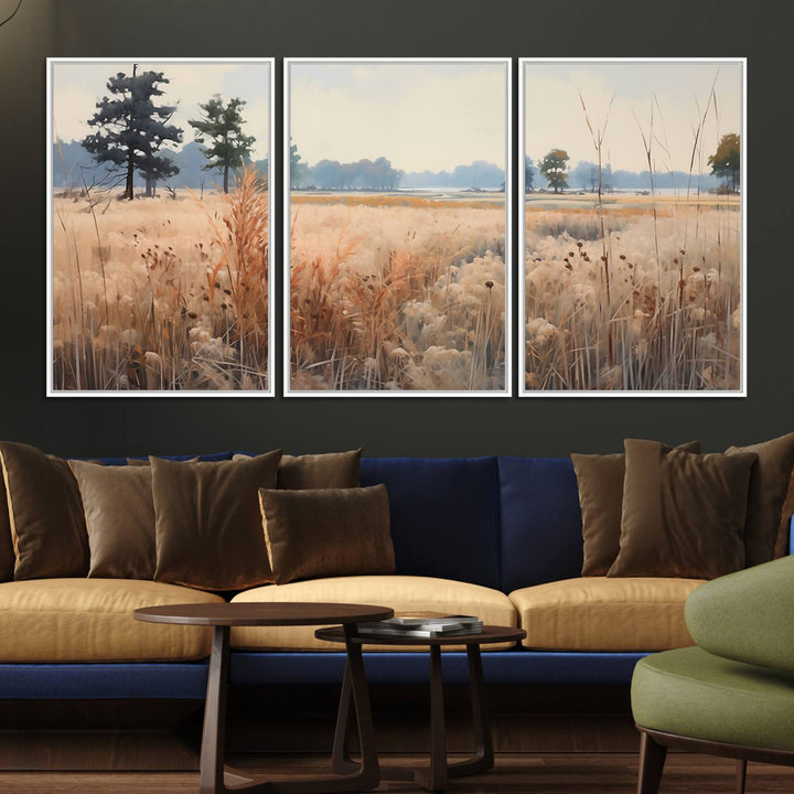 The Golden Fields Canvas Art Print, depicting a serene landscape, adds tranquility with its presence.