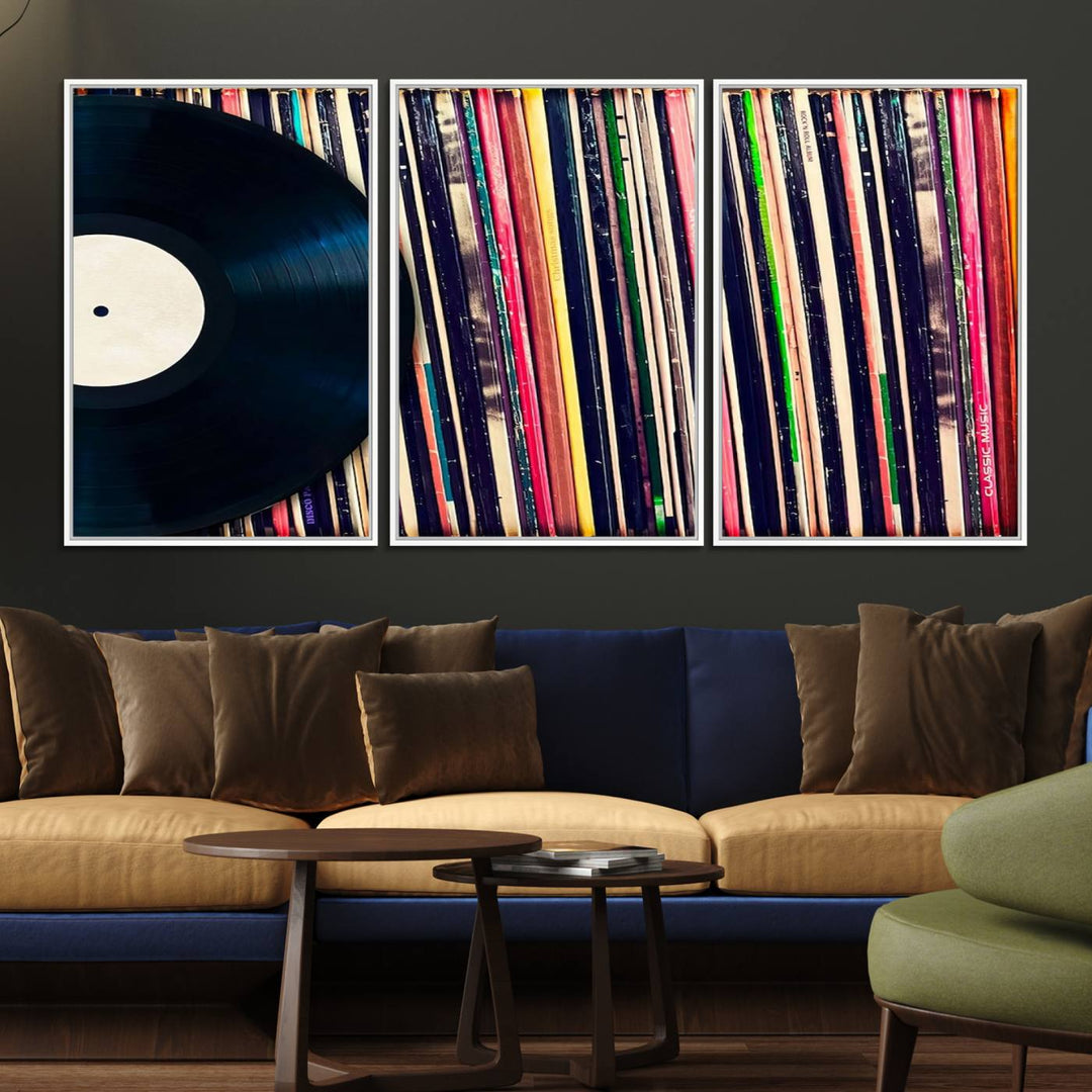 The Vinyl Record and Album Collection Canvas above the dining table enhances the modern kitchen, creating a perfect aesthetic for vintage vinyl lovers.