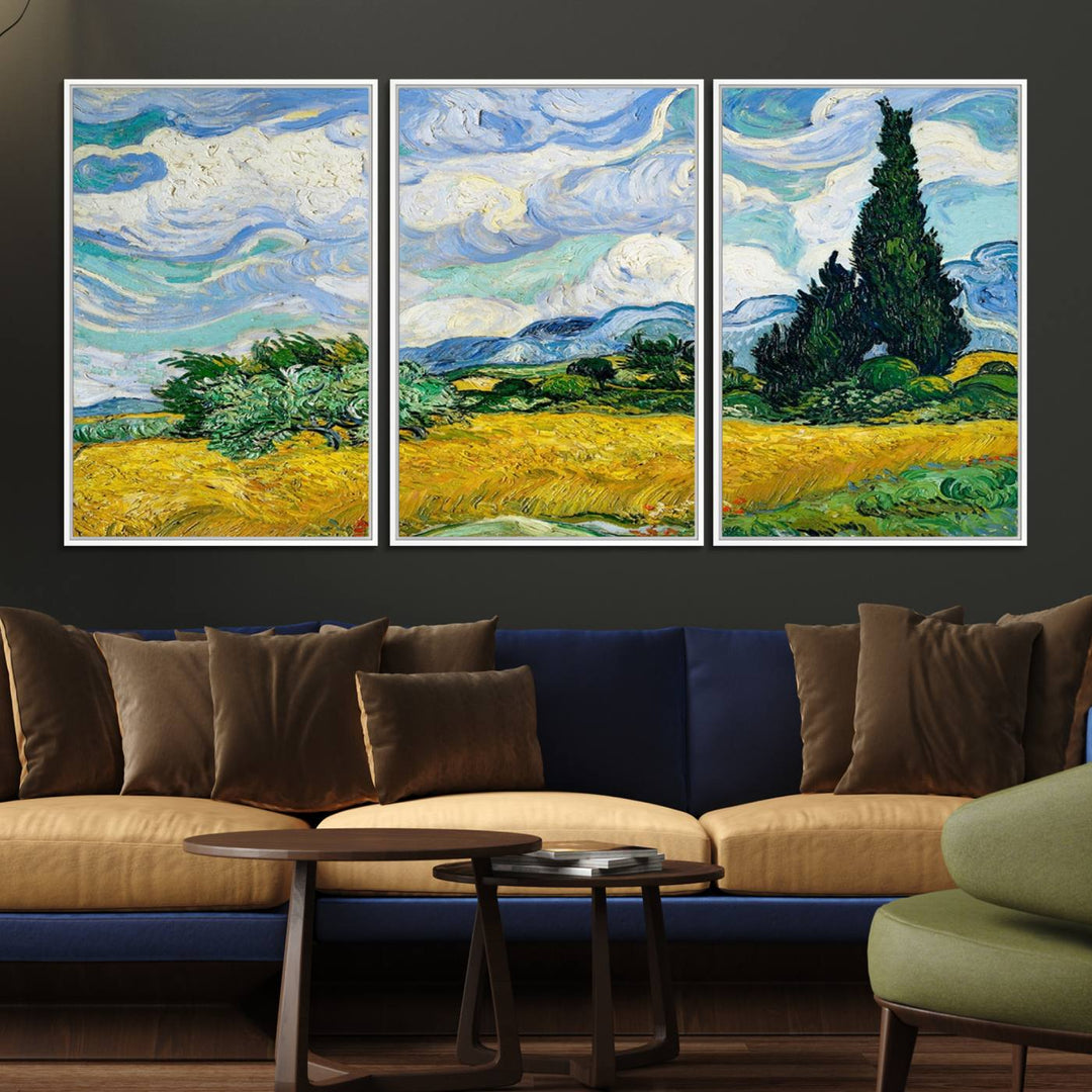 A kitchen featuring Wheatfield With Cypresses Van Gogh canvas wall art.