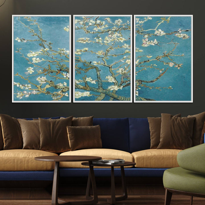 The wall art, Vincent Van Goghs Almond Blossom, stands out with its vibrant depiction against a serene blue background.