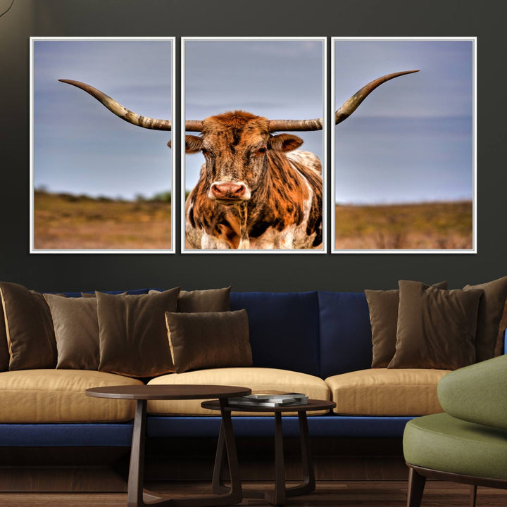 The Texas Longhorn Wall Art Print is displayed in a stylish living room.