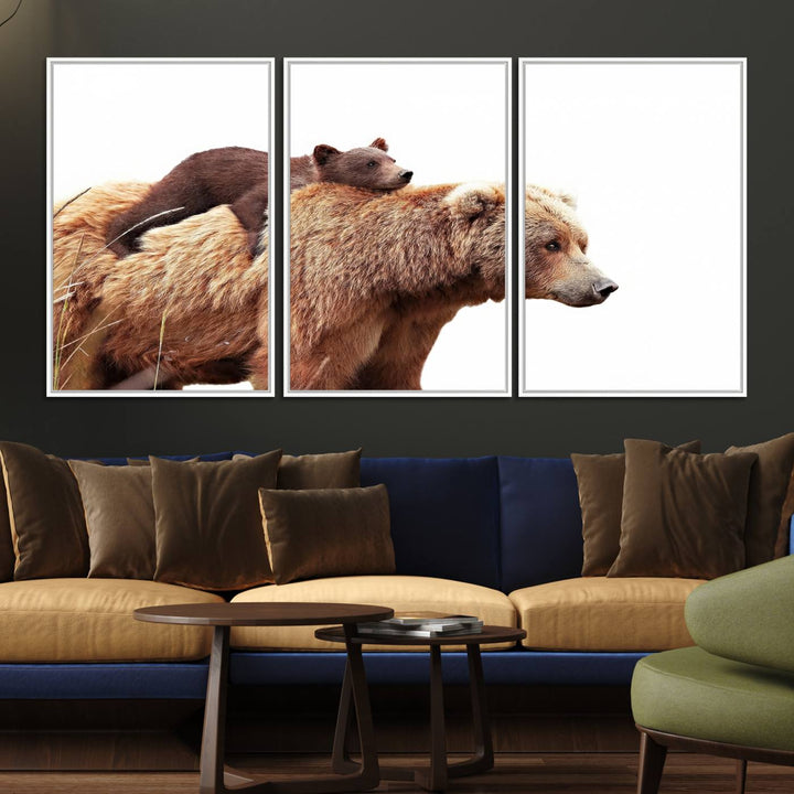 Mother and Baby Bear canvas: an adorable wildlife print displayed on a dark green wall.