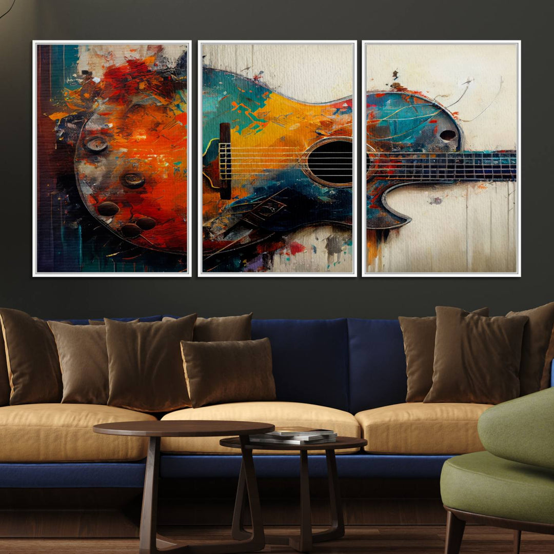 A vibrant guitar wall art canvas is mounted on the wall.