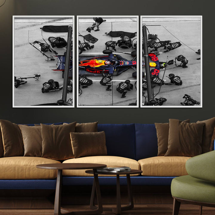 Red Bull Formula 1 Canvas Wall Art Print: An aerial view of a Formula 1 pit stop featuring a Red Bull car on premium canvas.