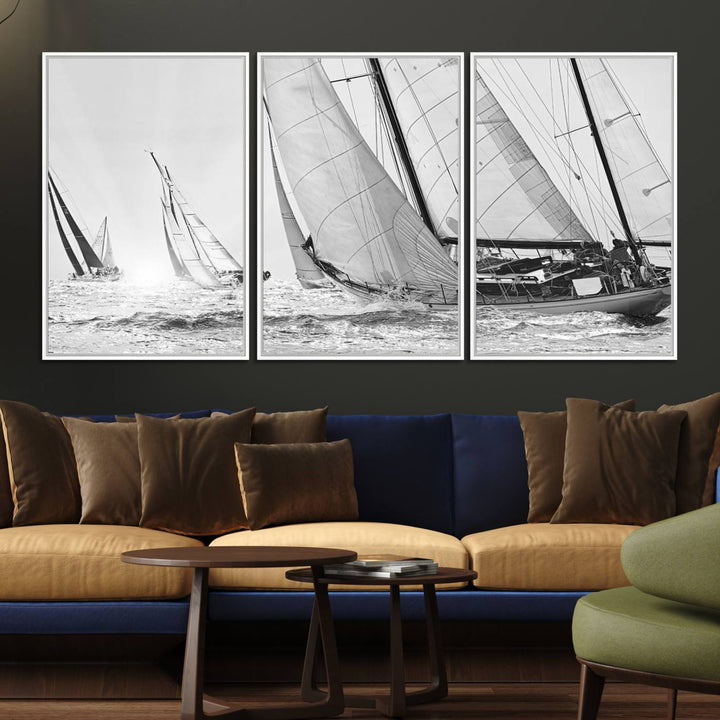 Yacht Sailboat Regatta canvas print on a textured wooden wall.