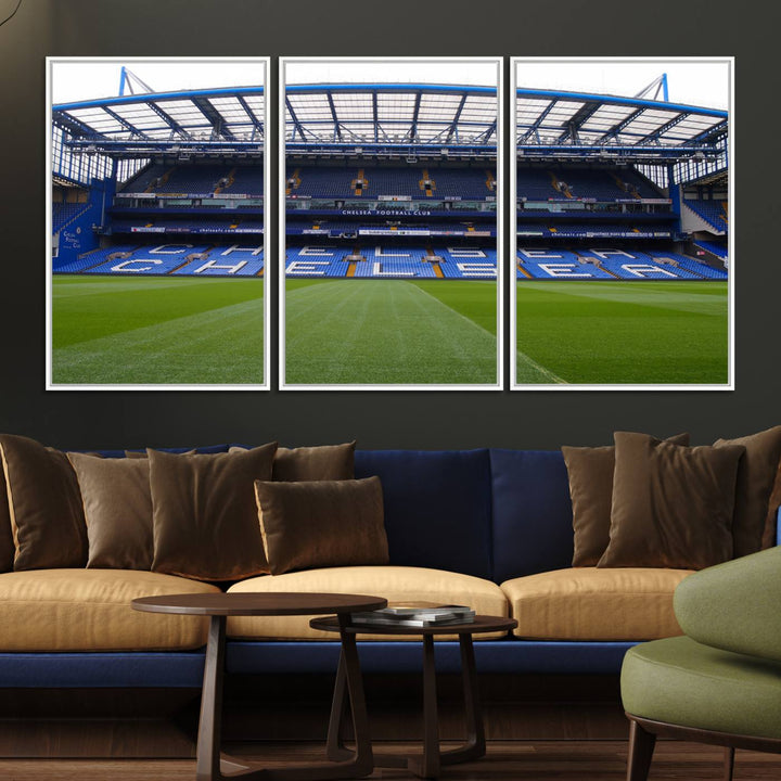 The wall art features a Chelsea FC Stamford Bridge Stadium canvas print.