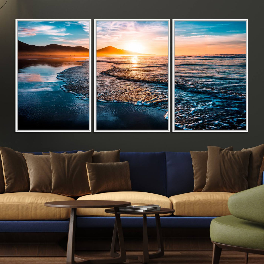 The Sunset Beach Ocean Canvas Wall Art – Tranquil Reflections at Dusk enhances the ambiance with its captivating depiction of serene ocean views at dusk.