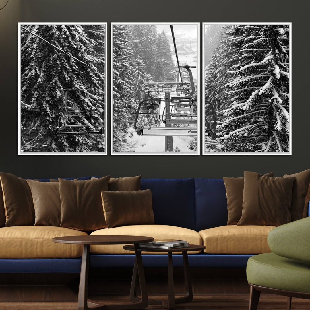 The Winter Ski Lift Canvas in minimalist style adds a unique touch to the dining room.