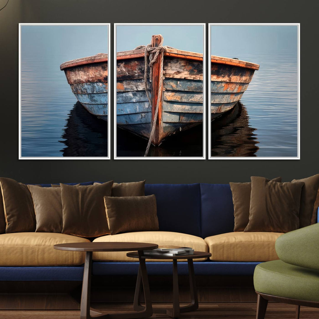 Stunning vintage boat canvas print featuring a calm water scene.