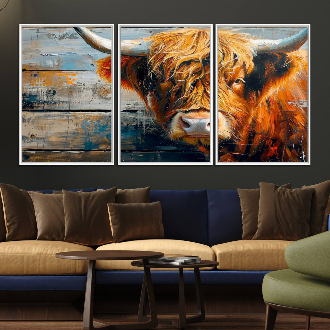 The dining room features Highland Cow Abstract Canvas Wall Art in a farmhouse rustic decor style.