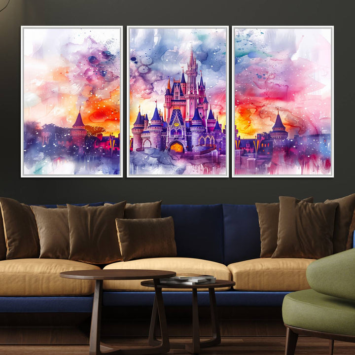 The watercolor Disney Wall Art showcases Cinderellas Castle in pink, purple, and orange hues.