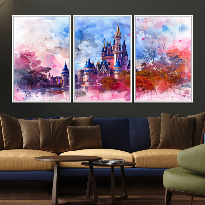 A Disney Wall Art: Dreamy Watercolor Cinderella Castle Canvas Print hangs prominently.