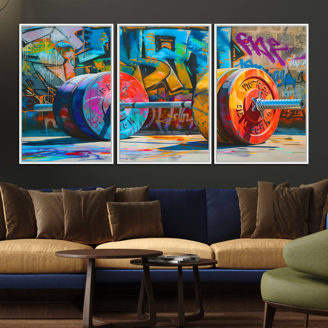 A Fitness Gym Barbell Graffiti Wall Art Canvas Print is displayed.