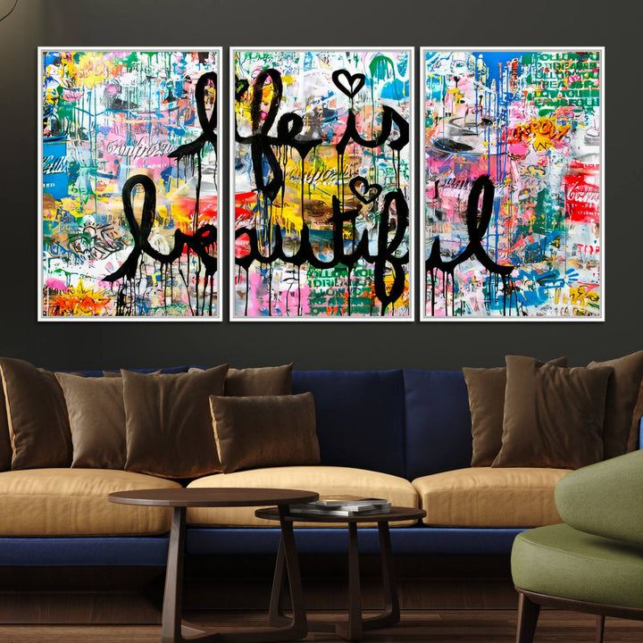 The Life Beautiful graffiti style canvas print is showcased in black script.