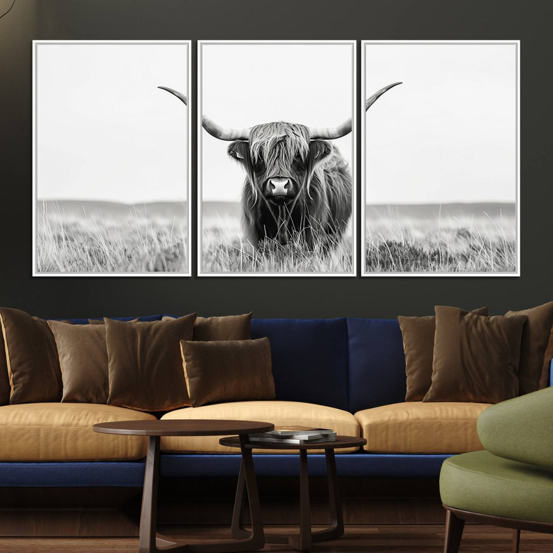 The Majestic Beauty canvas of a Highland cow adds elegance to the white walls as it hangs prominently.