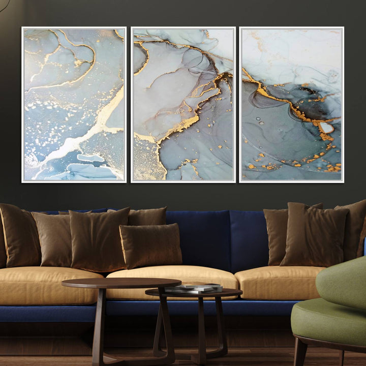 A blue and gold marbled Large Abstract Marble Wall Art Canvas Print hangs overhead.