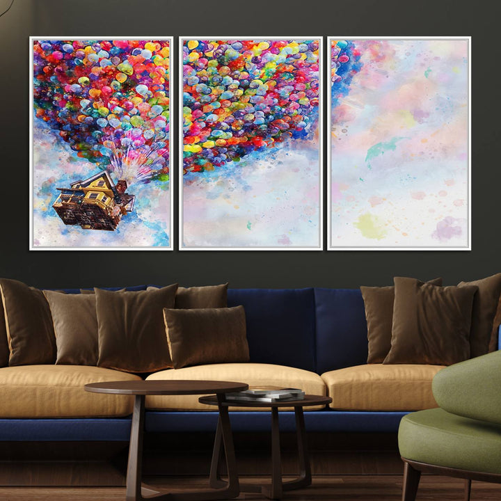 The Dont Look Up canvas wall art, featuring a house and balloons, brightens the kitchen wall.