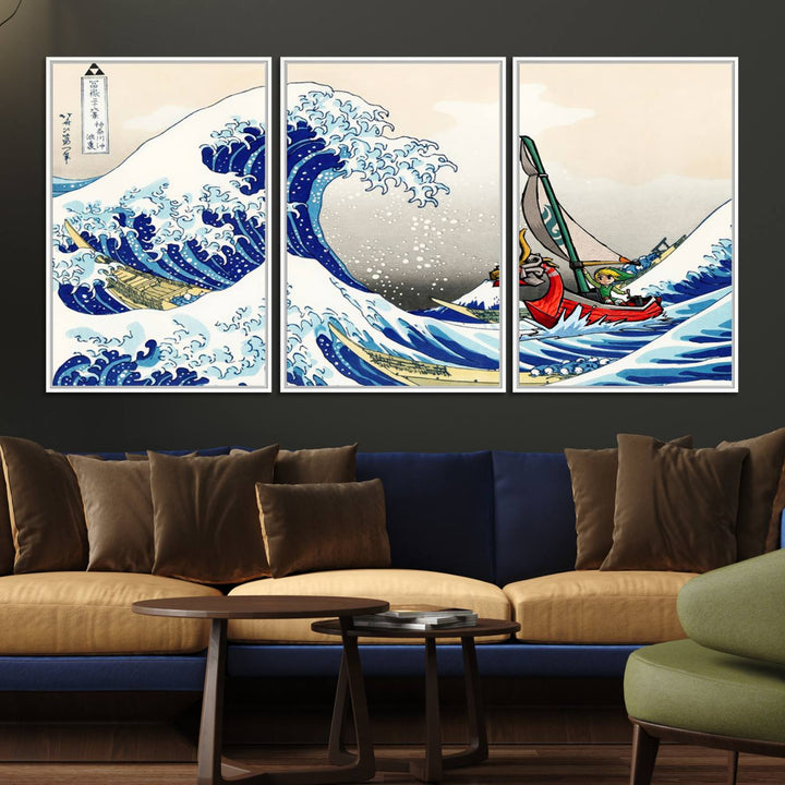 The Katsushika Hokusai Kanagawa Giant Wave Canvas print captures a vibrant sailing scene.