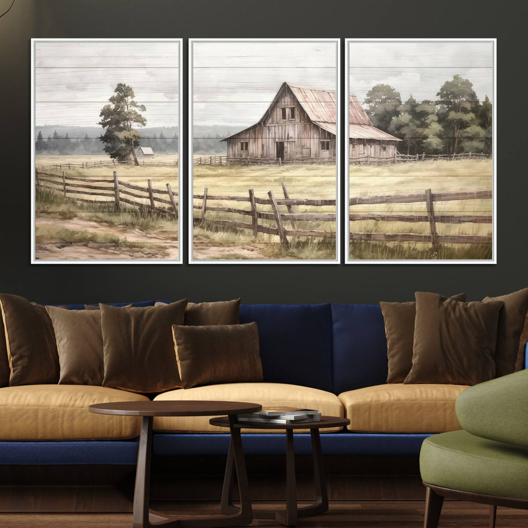 The wall is adorned with a Rustic Farmhouse Barn Wall Art.