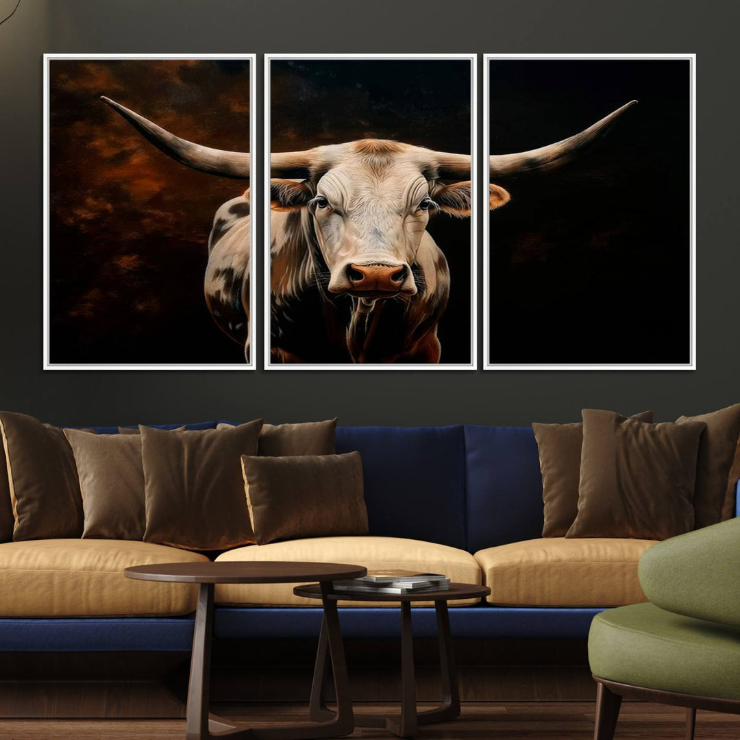 A large 3-panel Texas Longhorn canvas print dominates the space.