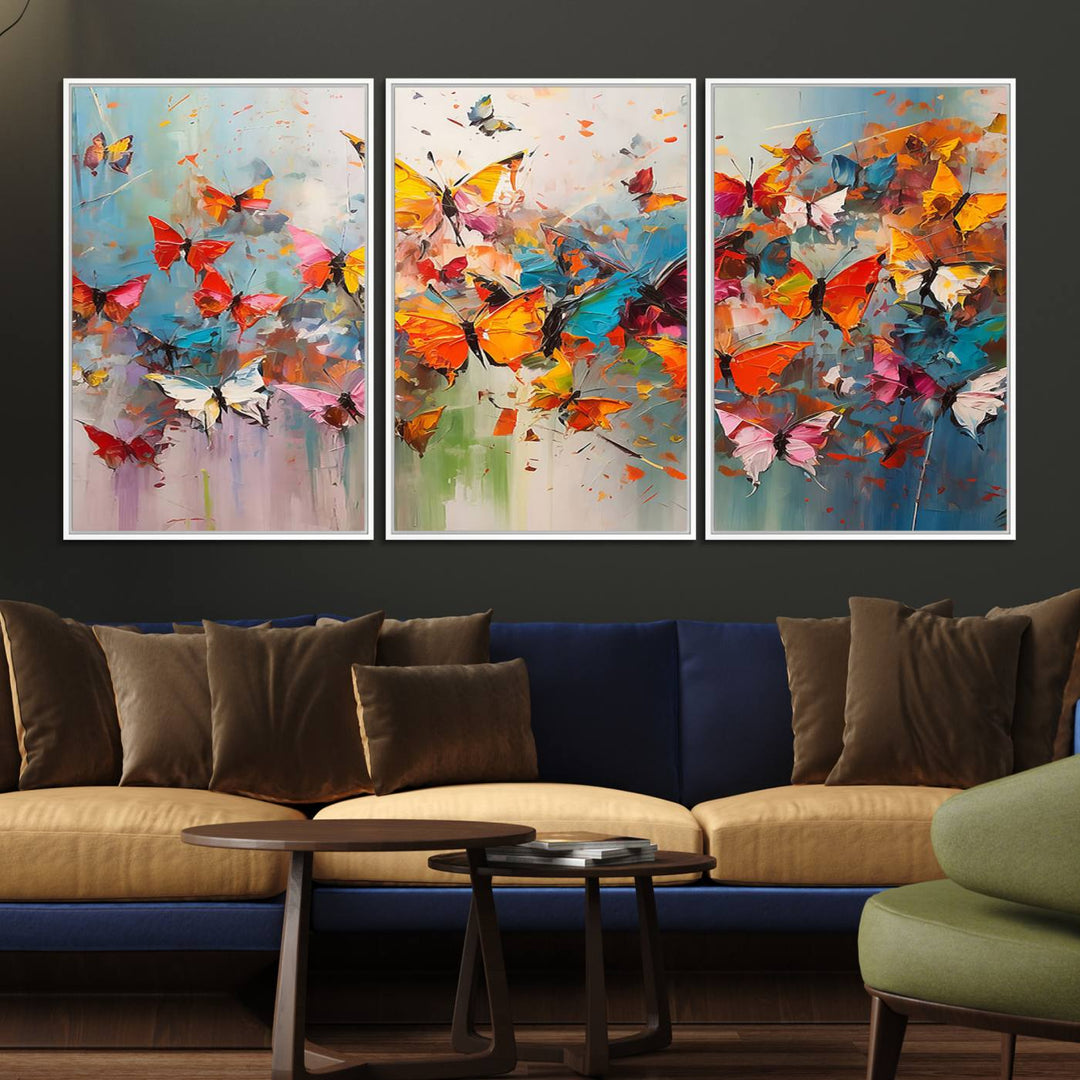 The Abstract Butterfly Wall Art Canvas Print hangs prominently, adding a touch of elegance and creativity to the room.