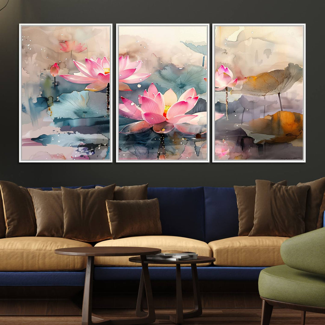 A pink lotus wall art adorns the space.