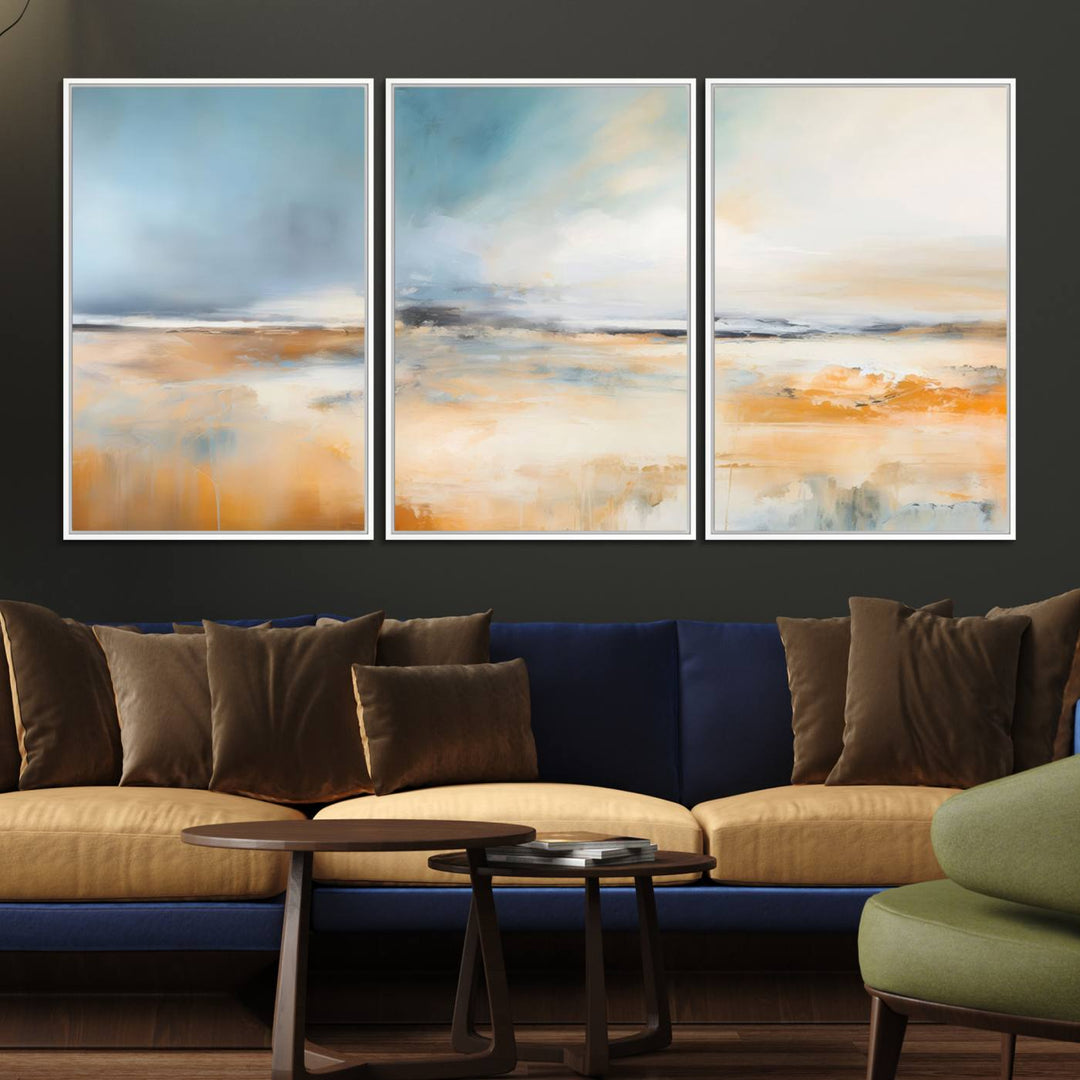 Abstract Landscape Wall Art in warm tones of orange and blue.