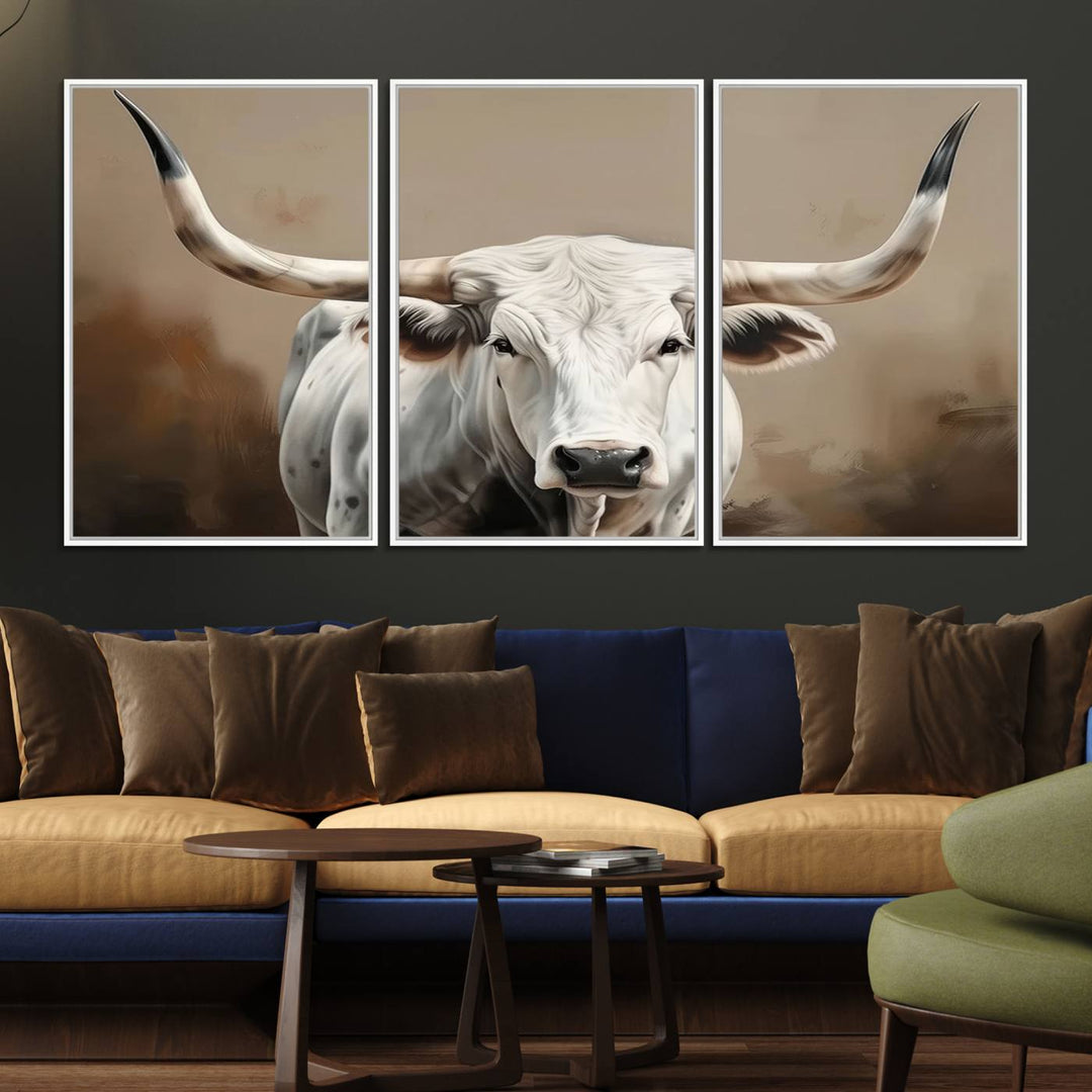 The kitchen features a striking canvas print of a Longhorn Bull.