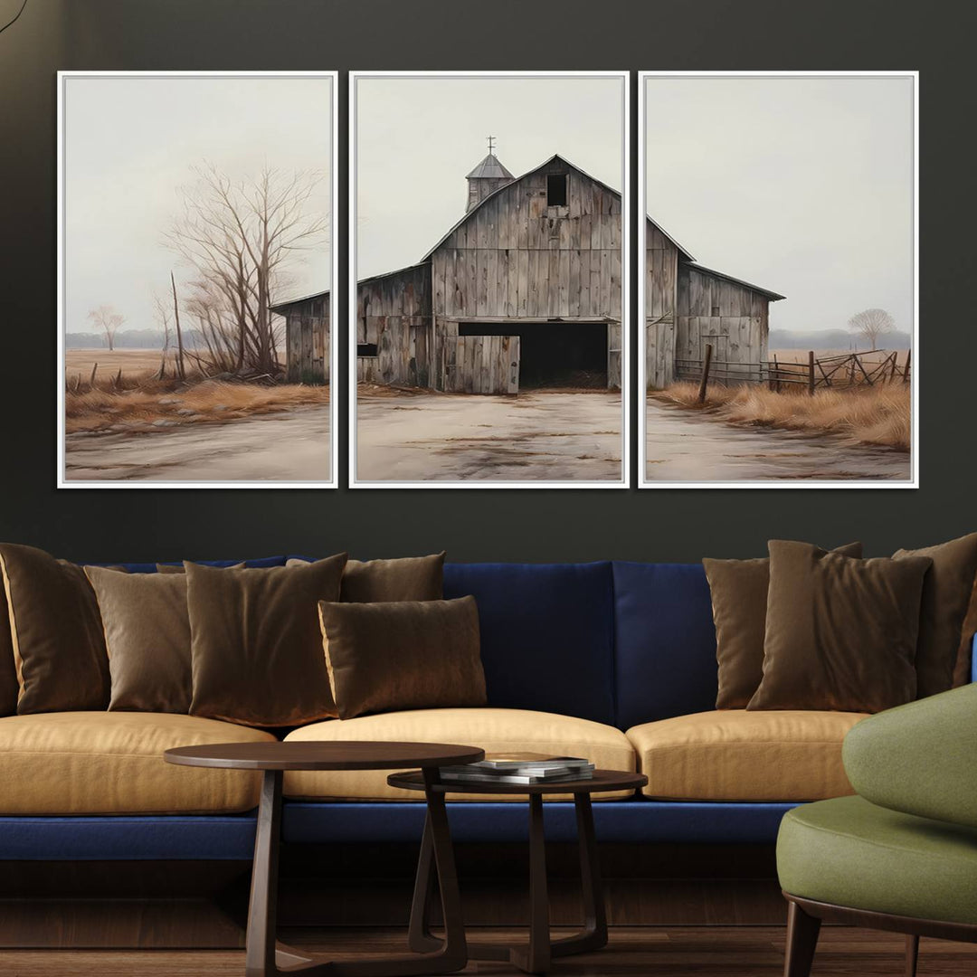 The Farmhouse Rustic Barn Wall Art Canvas Print, framed and ready to hang, enhances the farmhouse décor.