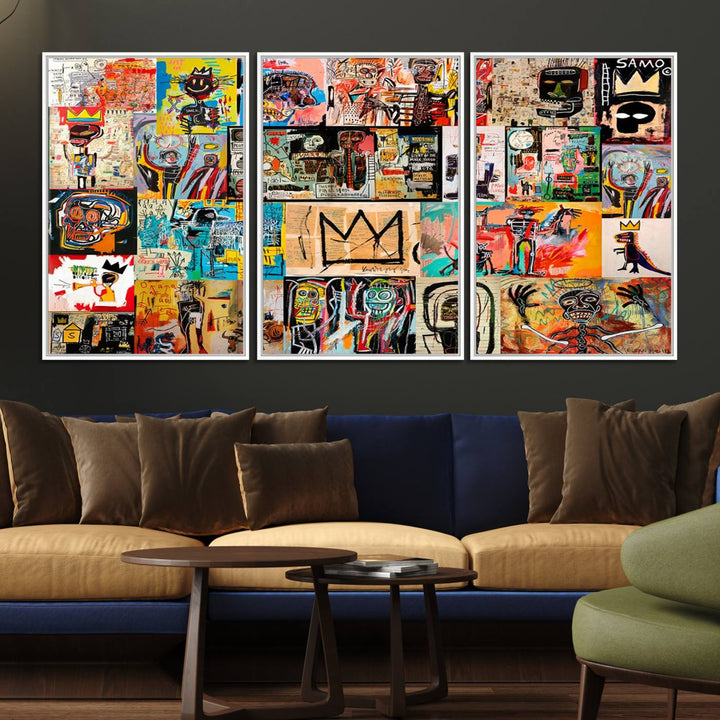 A Basquiat graffiti-style collage adorns the wall.