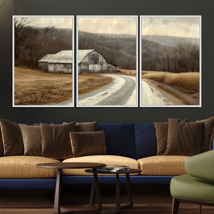The wall exudes rustic charm, highlighted by the Vintage Barn Farmhouse Wall Decor Canvas Print.
