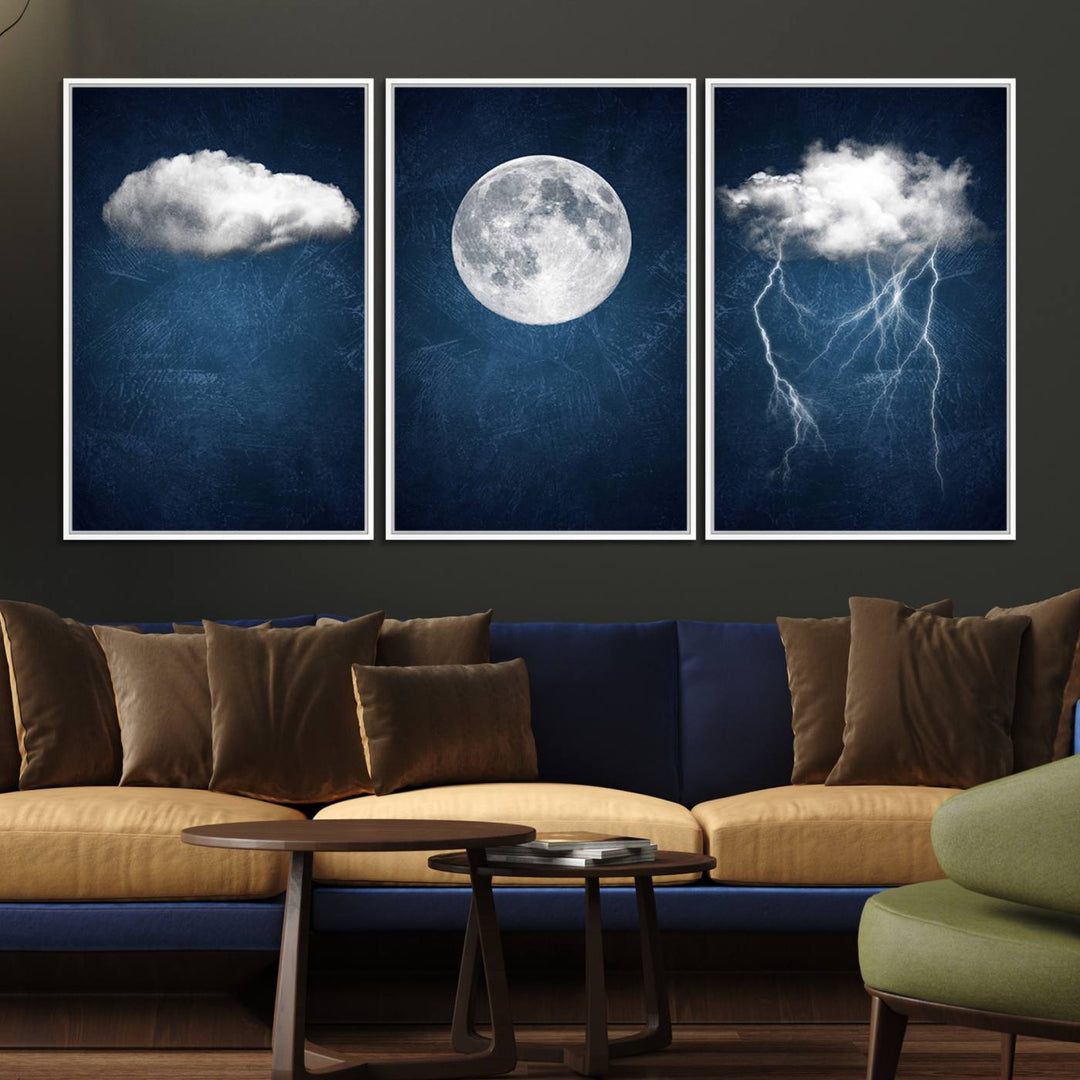 Dark Blue Cloud Art featuring a surreal moon and thunderstorm on a dark background.