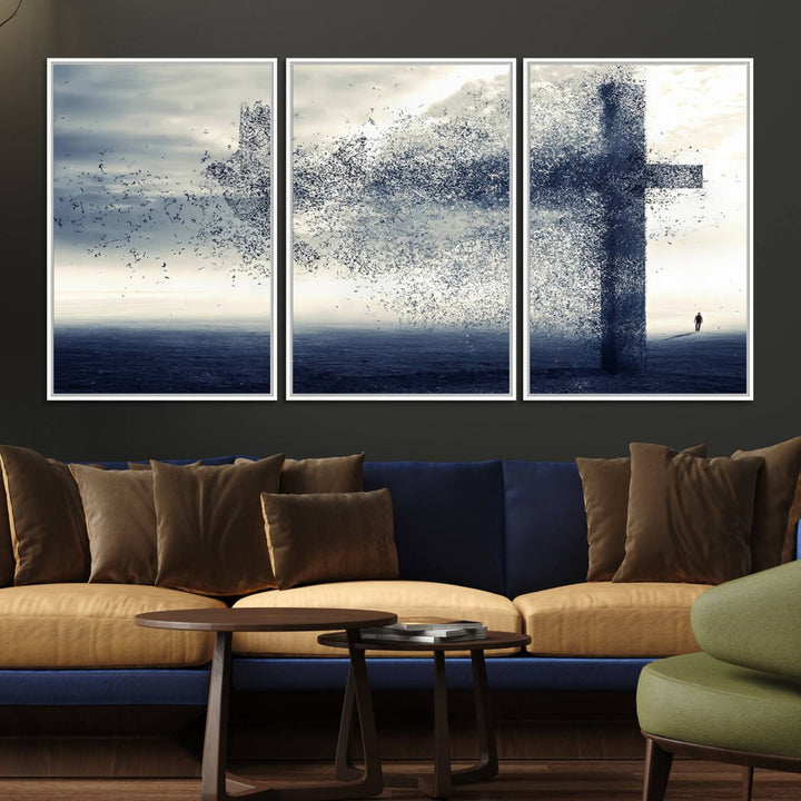 The Jesus and the Fading Cross wall art portrays a moody landscape.