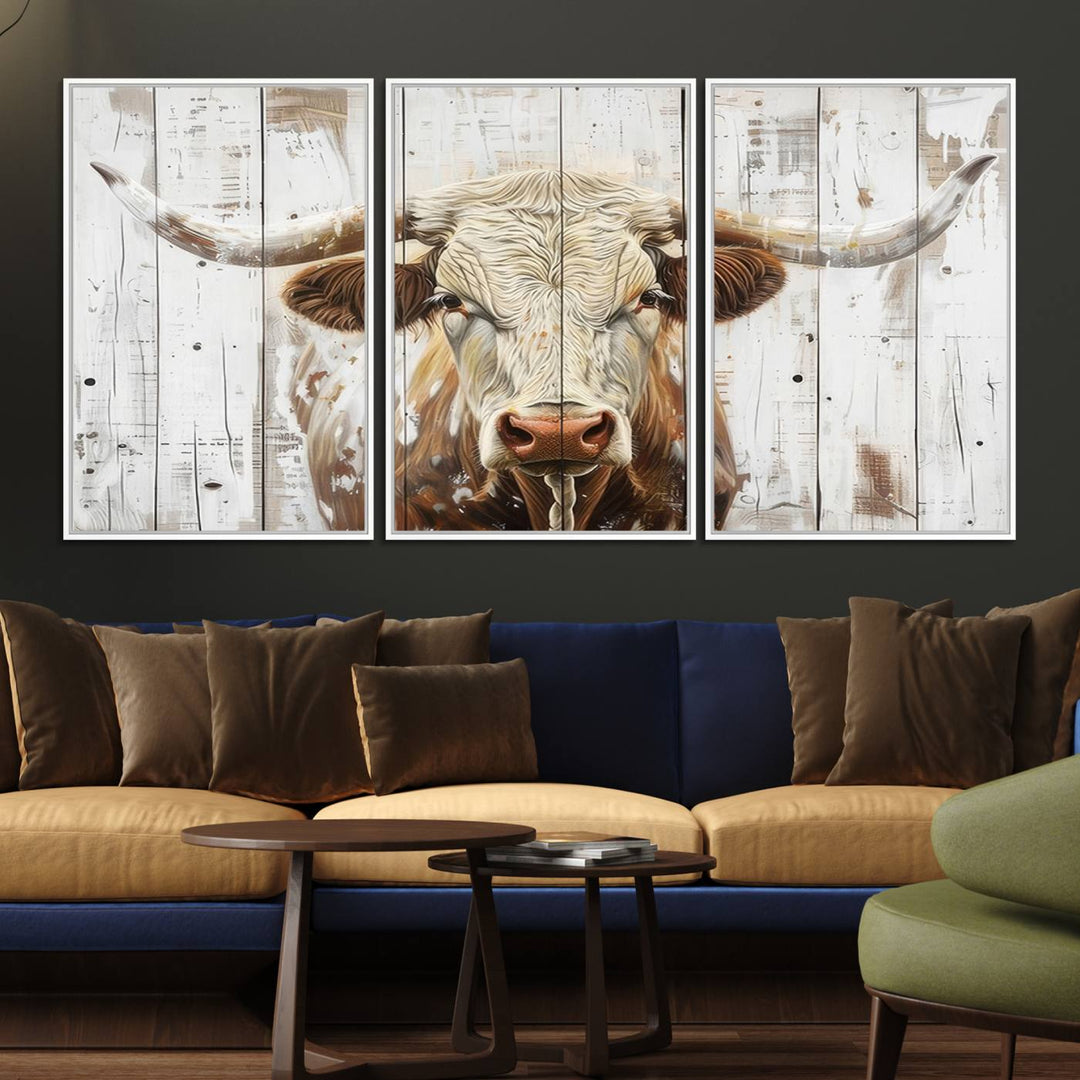 A Western-inspired Rustic Longhorn Bull Wall Art Canvas Set.