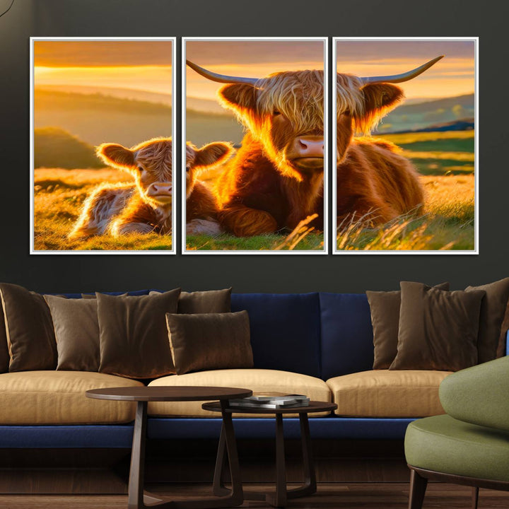 The Scottish Cow and Baby Cow Canvas Wall Art captures sunset fields.