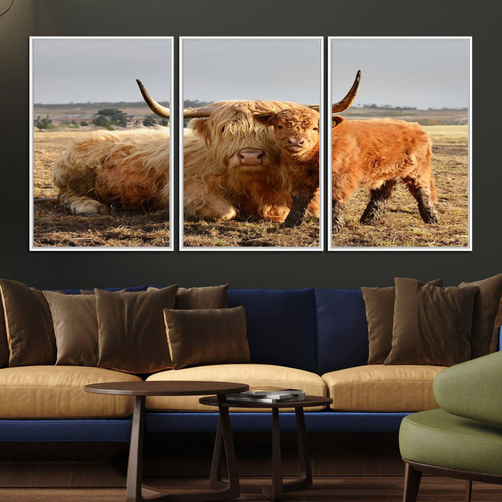 Highland Cow Canvas: a light brown cow and calf in the field, ideal farmhouse decor.