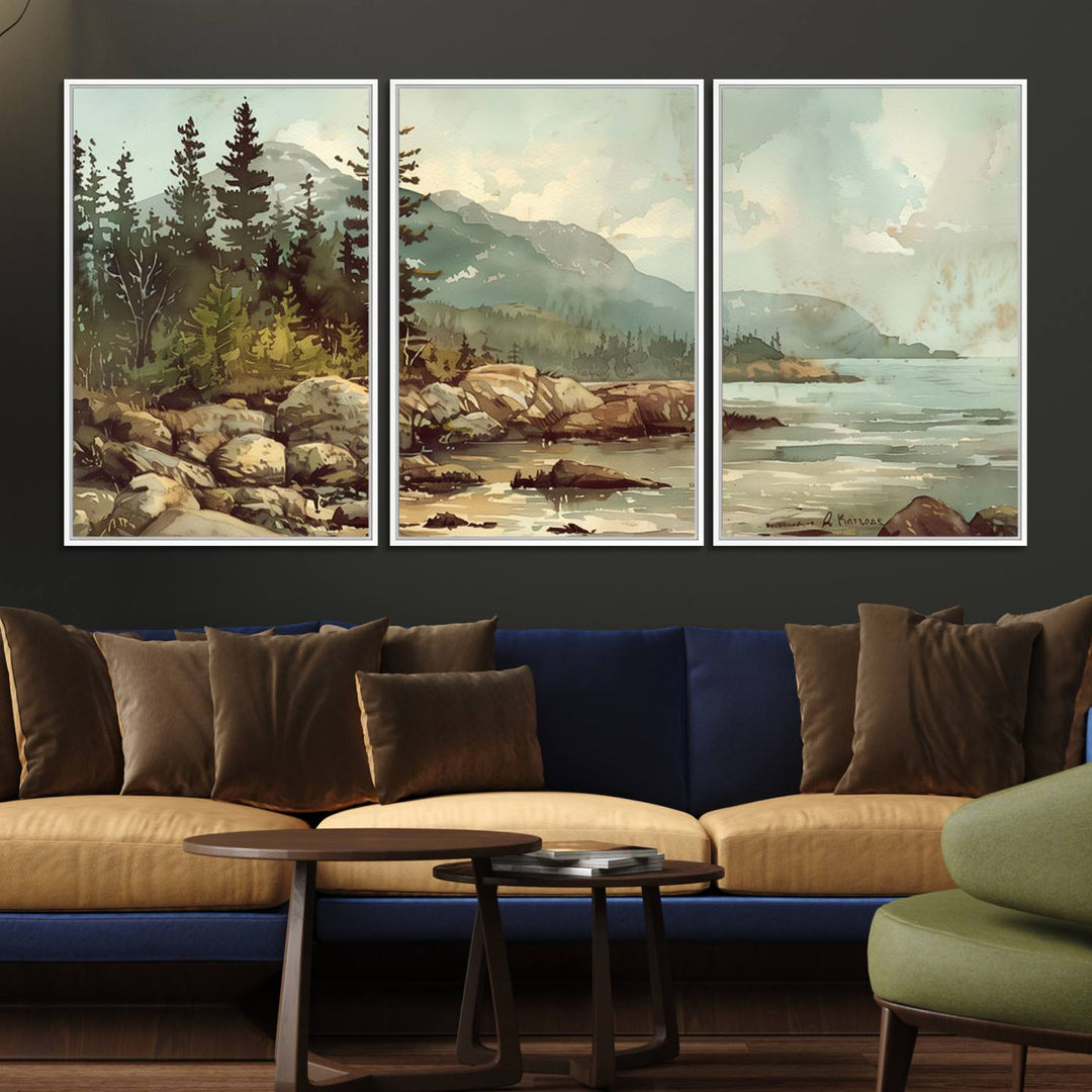 Framed Abstract Acadia National Park wall art, depicting a rocky coastline with trees and mountains, ready to hang.