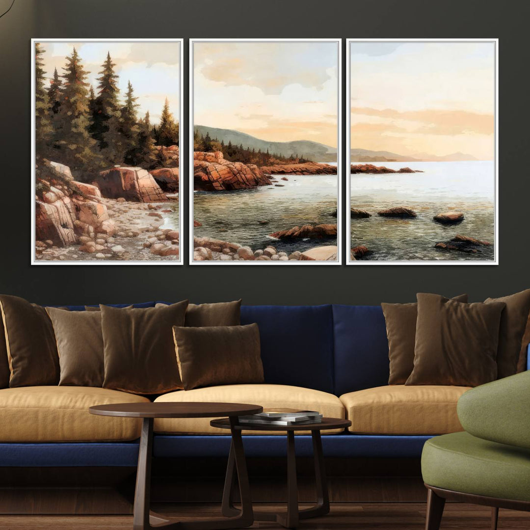 The Serene Coastal View of Acadia National Park 3-panel canvas, framed and ready to hang, adorns the wall.