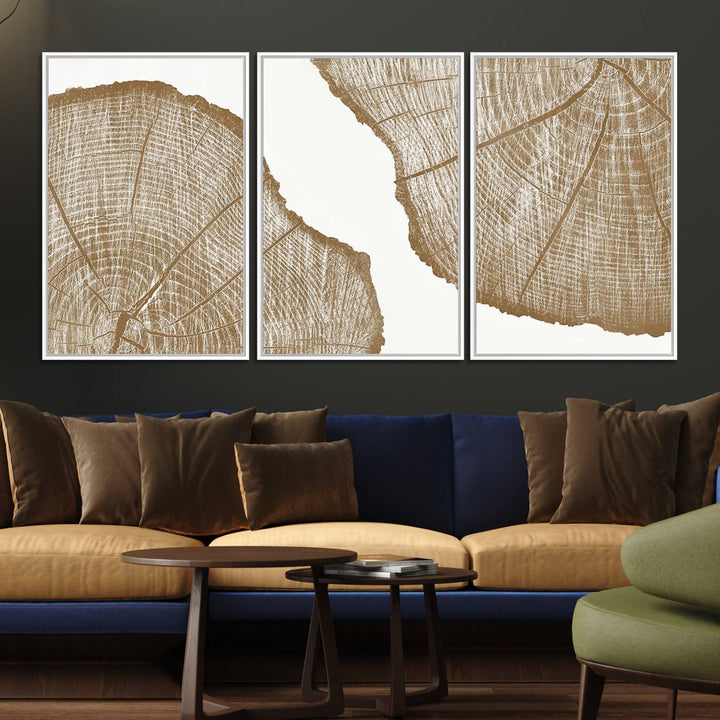 The rustic wall art features two large tree rings, beautifully framed and displayed to create a nature-inspired décor.