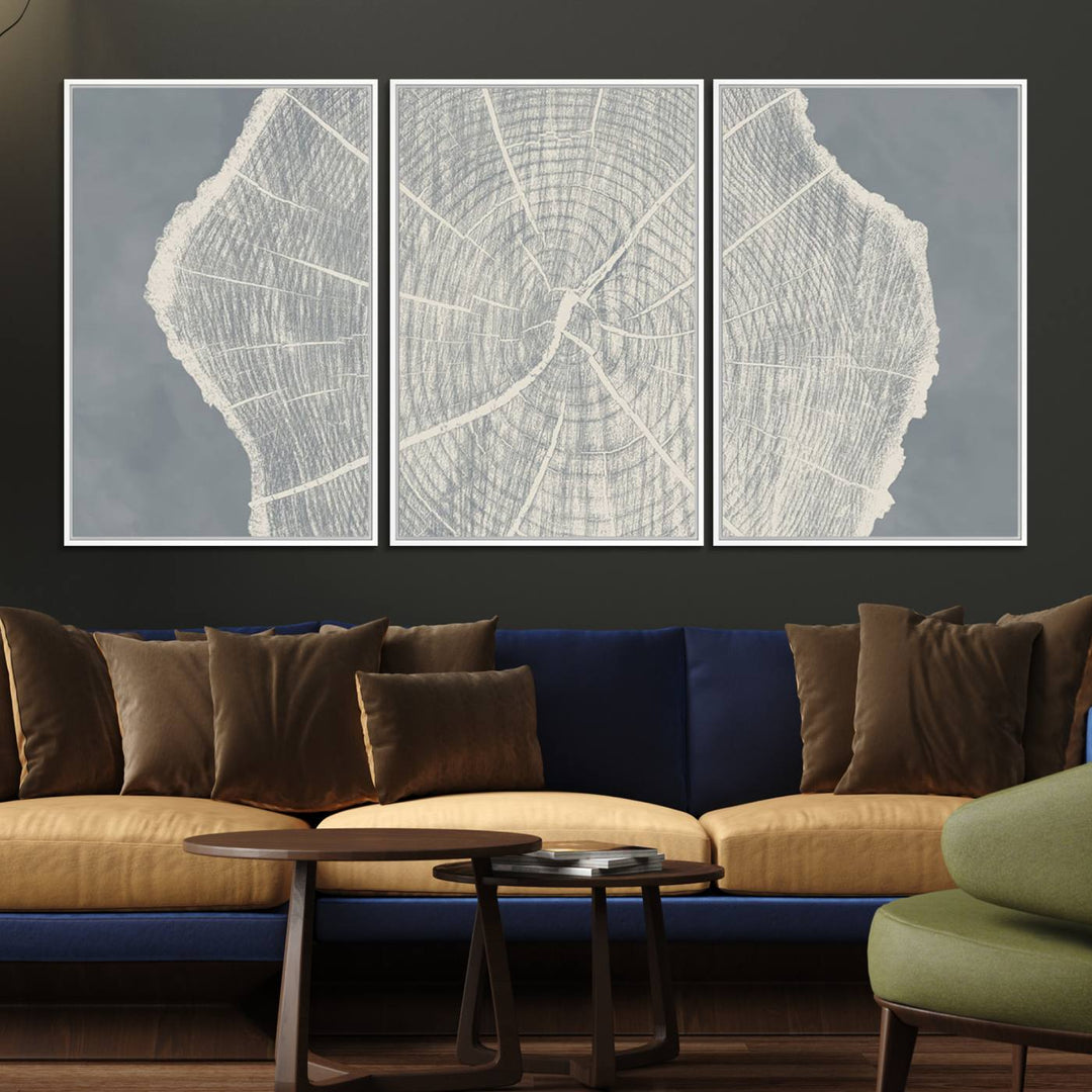 A gray wall displays the Abstract Tree Ring Wall Art print.