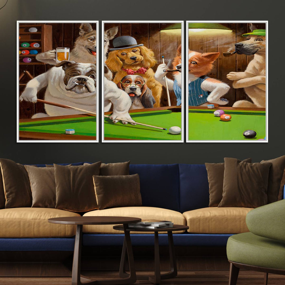 Dogs Playing Pool Canvas Wall Art: This artwork depicts a room where dogs are engaged in a game of pool. One dog is poised to cue while others observe the scene.