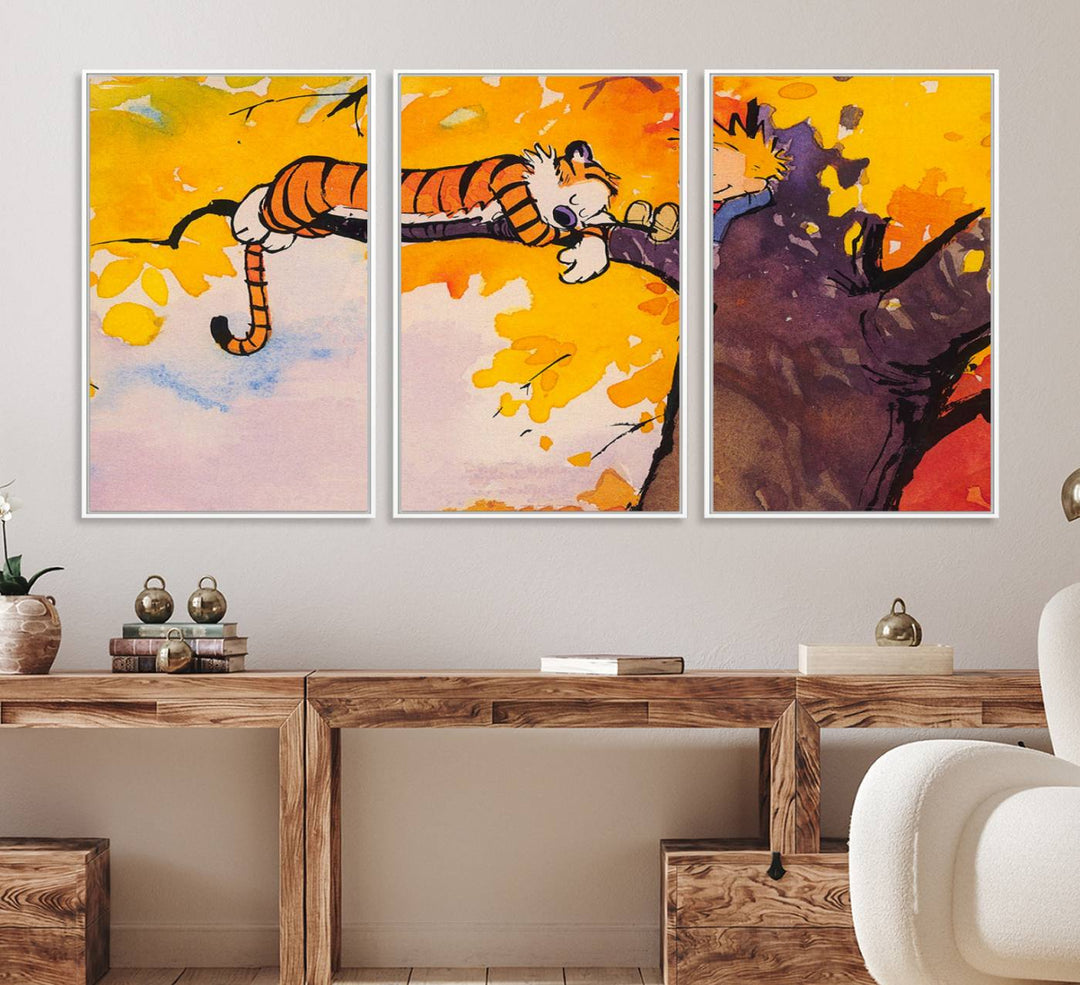 Premium canvas Calvin Wall Arts featuring a boy and tiger relaxing on a branch.