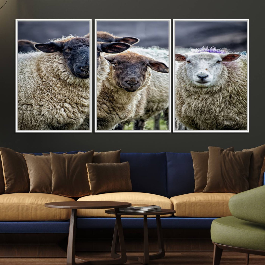 The Charming Sheep Portrait Wall Art hangs on a wooden wall.