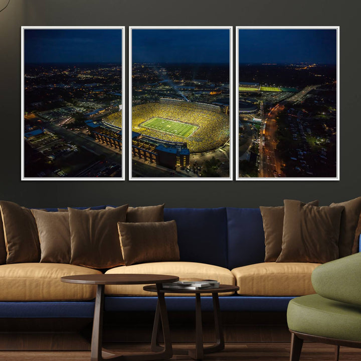 Aerial view of Michigan Stadium nightlife on canvas – Framed, ready-to-hang sports arena wall art.