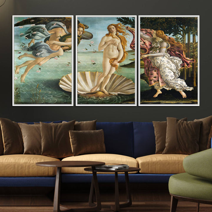 A canvas print of Botticellis The Birth of Venus is displayed on the wall.