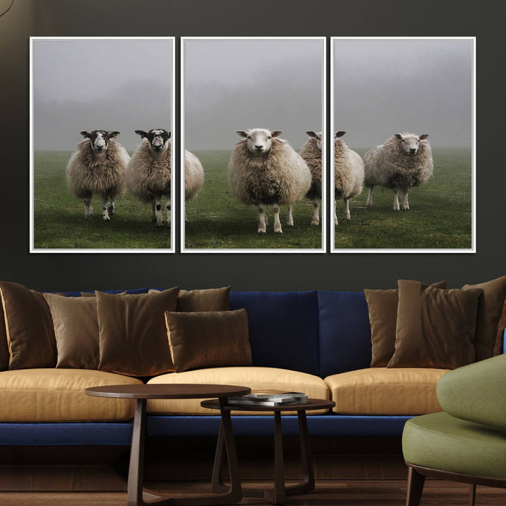 The Flock of Sheep in a Mystical Fog canvas print is framed and ready to hang.