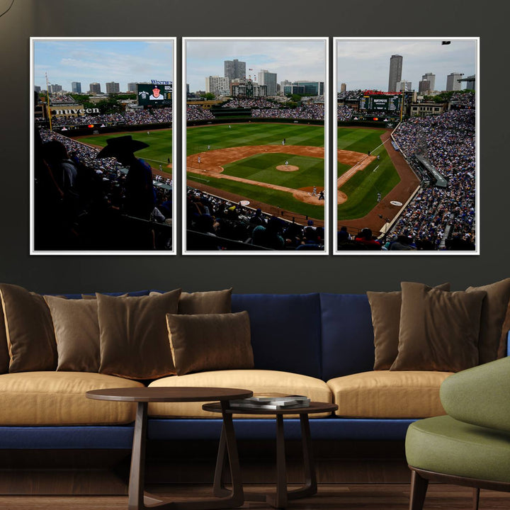 Admire this museum-quality canvas print of a Chicago Cubs game with a cityscape view from the stands at Wrigley Field.