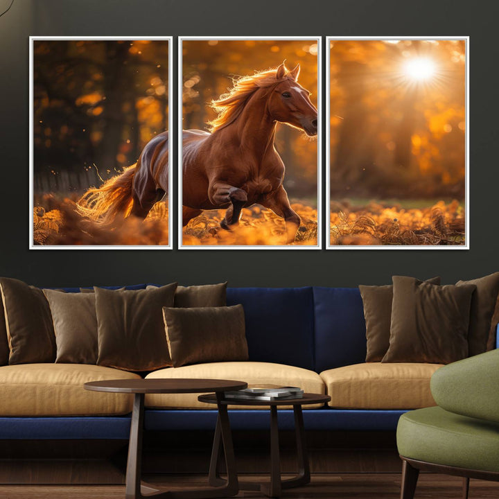 The Running Horse Sunset Forest Wall Art Canvas Print showcases a gallop in an autumn forest with sunlight streaming through the trees.