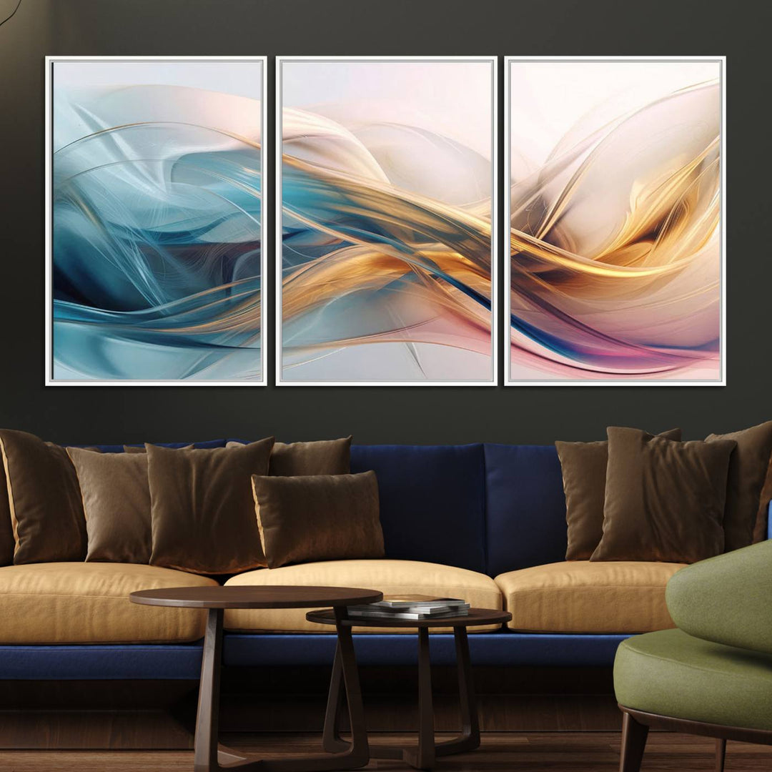 Abstract Flowing Colors Wall Art featuring blue, gold, and pink adds modern elegance to the space.